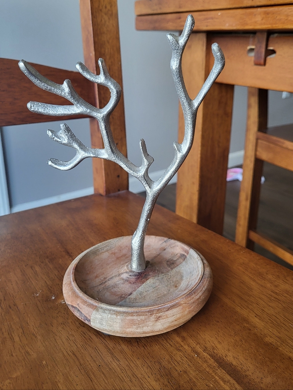 Silver Tree Branch Jewelry Stand on Wood Base